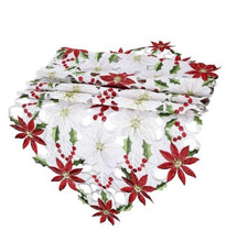 Load image into Gallery viewer, Poinsettia & Holly Leaf Embroidered Christmas Table Runner – 38cm x 176cm