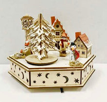 Load image into Gallery viewer, LED Lighted, Animated and Wooden Bavarian Village and Snowman Music Box Village Scene (17.5 cm High)