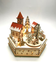Load image into Gallery viewer, LED Lighted, Animated and Wooden Bavarian Church and School Music Box Village Scene (20 cm High)
