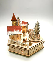 Load image into Gallery viewer, LED Lighted, Animated and Wooden Bavarian Church and School Music Box Village Scene (20 cm High)