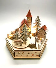 Load image into Gallery viewer, LED Lighted, Animated and Wooden Bavarian Church and School Music Box Village Scene (20 cm High)