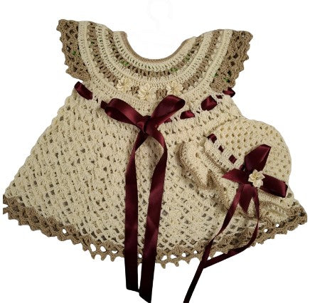 9 months up ~ Baby Girl Cream and Taupe Handmade Crochet Set (#48)