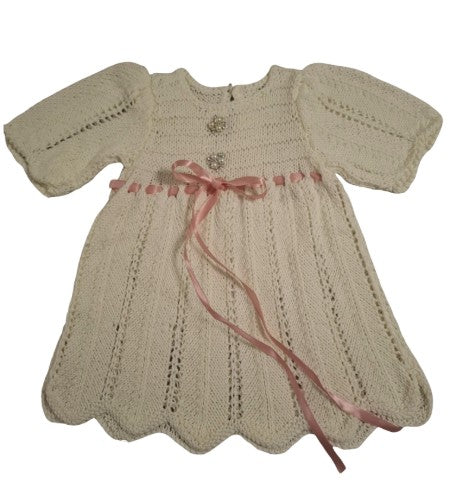 9 to 12 months ~ Baby Girl Off White Handmade Crochet Dress (#54)