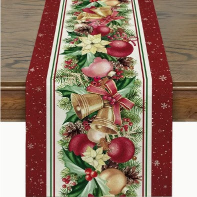 Christmas table runner, featuring classic holly, bells, and poinsettias