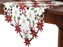 Load image into Gallery viewer, Poinsettia &amp; Holly Leaf Embroidered Christmas Table Runner – 38cm x 176cm
