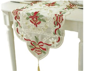 Festive Christmas Table Runner – Floral, Candle & Bell Design (Red & White)
