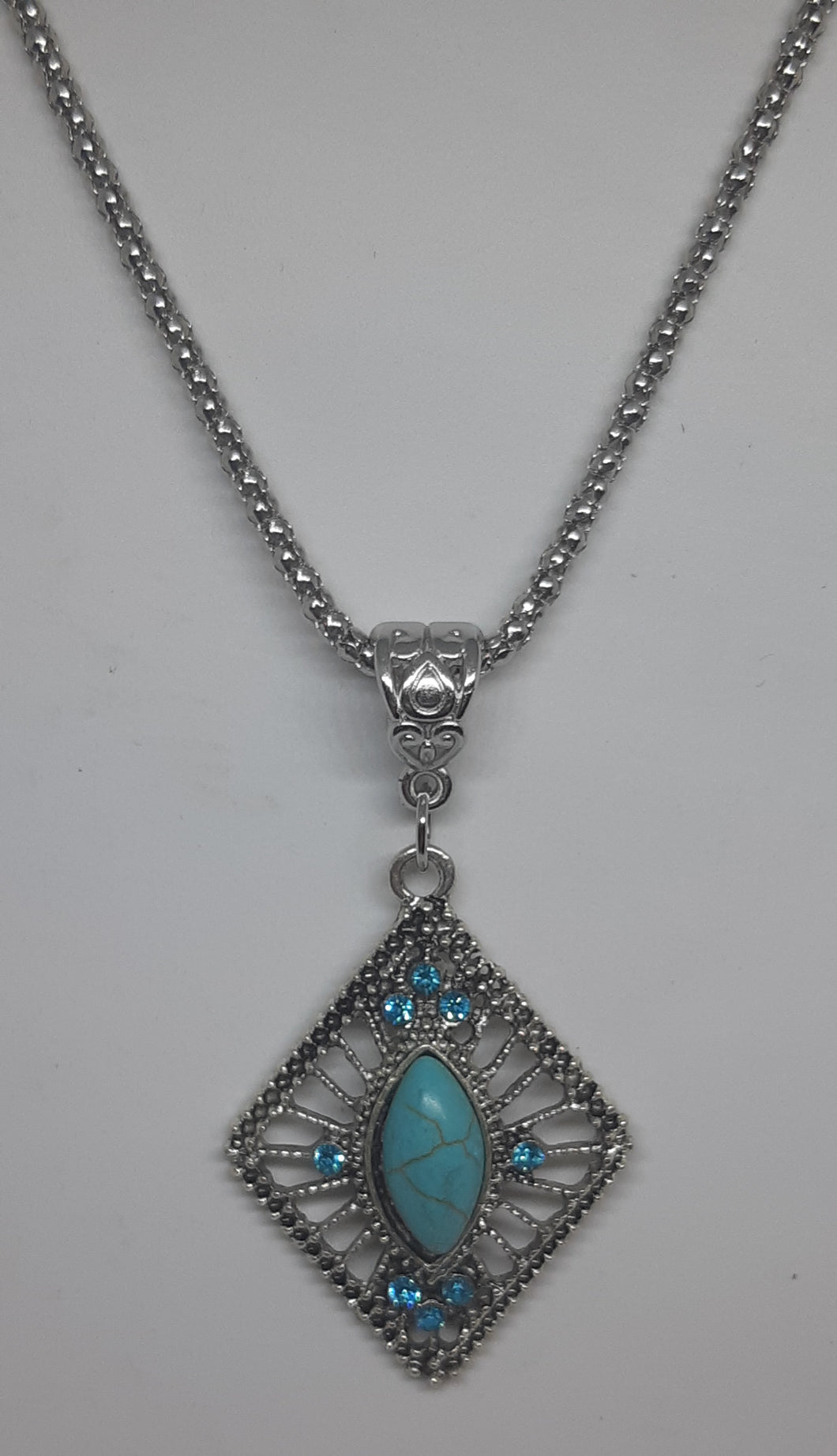 Turquoise Hollow Out Rhombus shaped Silver Necklace