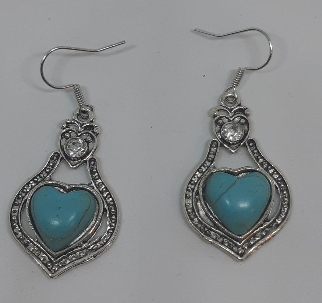 Rhinestone Retro Turquoise Heart Drop Earrings